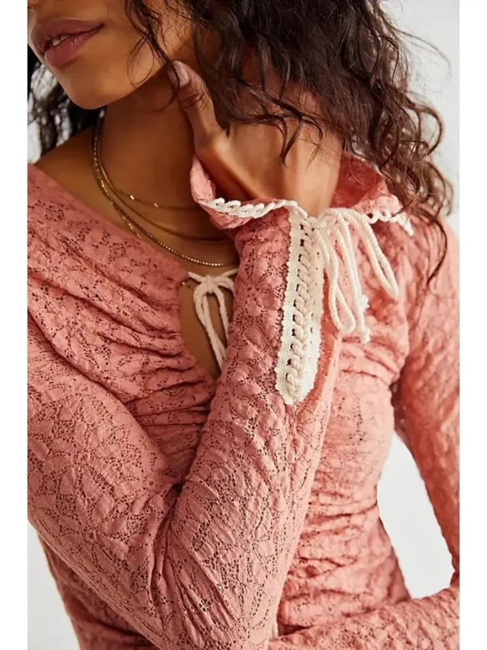Free People Lilah Lace Crochet Tie Scrunch Long Sleeve Top - Pink Size Large